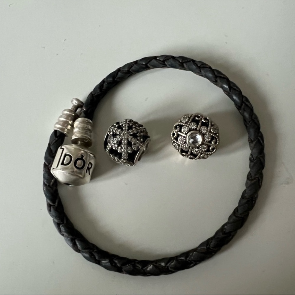 Pandora Black Braided Bracelet with Silver Charms